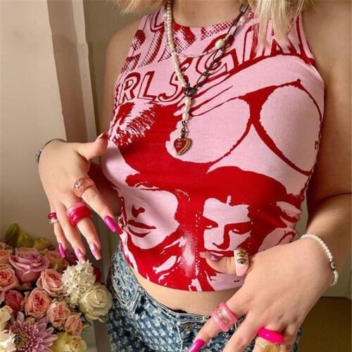 Women Trendy Portrait Letter Printed Tank Tops Summer Vest Female Round Neck Sleeveless Slim Crop Sleeveless Slim Fit T-Shirts