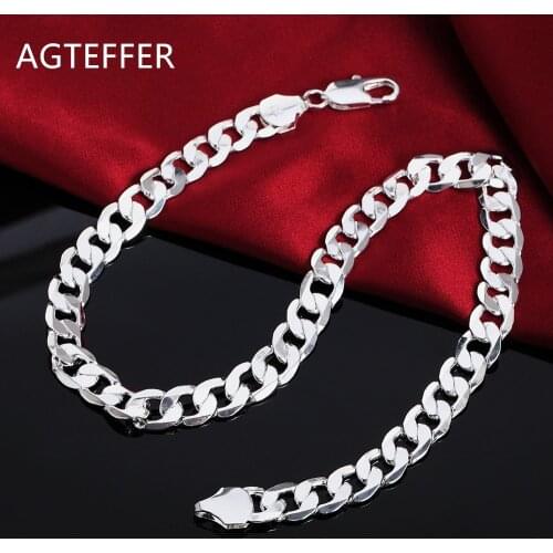 AGTEFFER 925 Sterling Silver 18/20/22/24/26/28/30 Inch 12mm Flat Sideways Necklace For Women Man Fashion Wedding Charm Jewelry