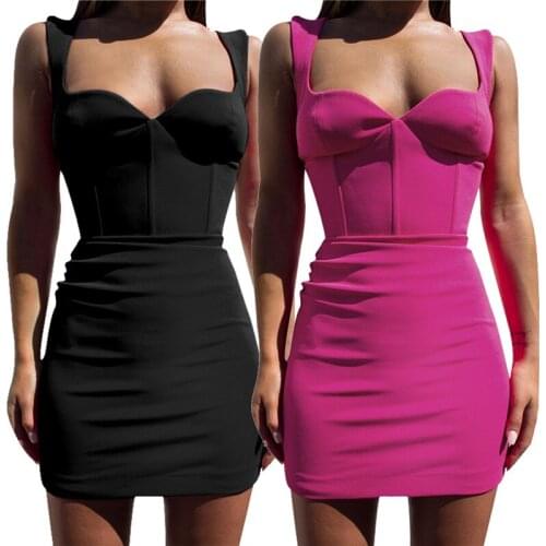 Womens Sleeveless Suspender Dress Summer Elegant Wide Shoulder Strap Solid Bodycon Tight Fitting One Piece Garment Female 2021