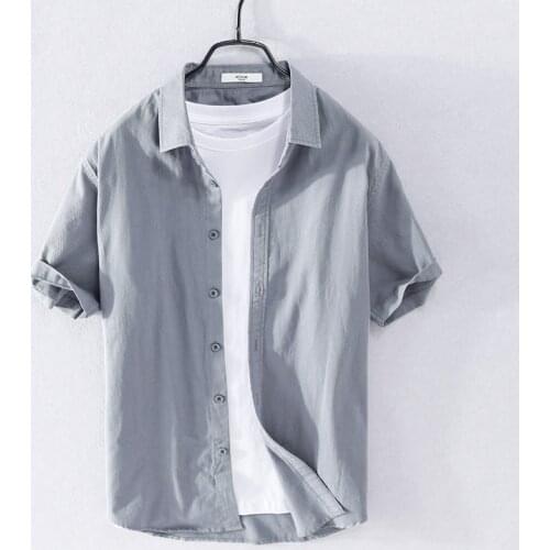 100% Cotton new style short-sleeved brand casual shirt men trendy solid gray shirts for men chemise camisa tops mens clothes