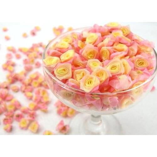 100 Pieces Chiffon Rose Flower Buds|Ombre Color|Pink|Yellow|Flower Applique|Fabric Flower|Baby Doll|Craft Bow|Accessories Making