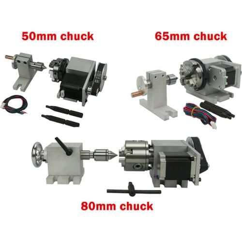 Rotary Axis 4th axis 4 Jaw Chuck 50mm 65mm 80mm And Tailstock with 42 /57stepper motor for CNC Router 3040 6040 8060