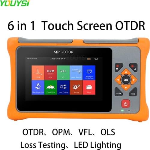 6 in 1 MINI OTDR 1550nm 22/20dB Fiber Optic Reflectometer 4.3-inch Touch Screen with VFL OLS OPM Loss Testing LED Lighting