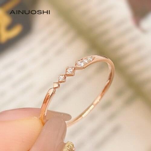 AINUOSHI 18K Gold 0.028 Carat Round Cut Real Natural Diamond Engagement for Women Wedding Geometric Ring Jewelry Gift