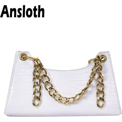 Ansloth Retro Chain Underarm Bag Crocodile Pattern Shoulder Bags PU Leather Women Bag Baguette Shape Bags Fashion Ladies HPS943