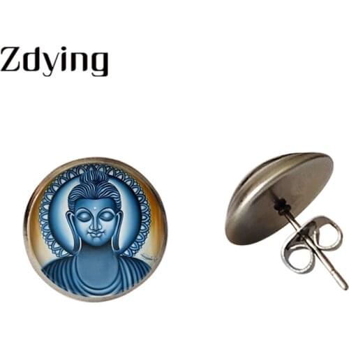 ZDYING Religion Buddhist Buddha Stud Earrings Glass Cabochon Dome Earring Alloy Stainless Steel Ear Jewelry BH009