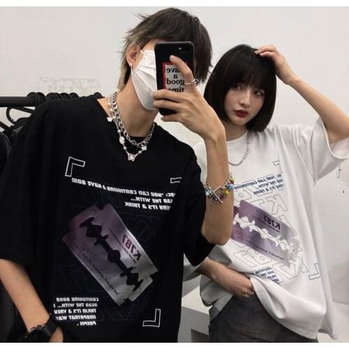 Korean Clothes Kpop Playful Blade Print T-Shirt For Men Women Streetwear Ulzzang Oversize High Street Gothic Top Female Punk Tee