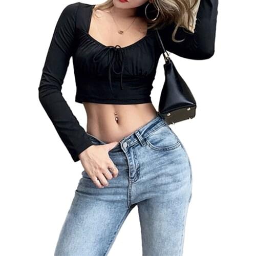 Women T-Shirts Sexy Solid Color Square Collar Drawstring Long Sleeve Cropped T-shirt Summer Casual Outerwear S/M/L New Arrival