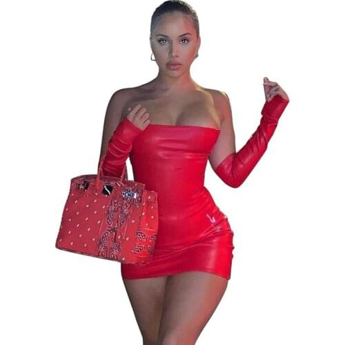Backless Hot Street Fashion Clubwear Weird Puss Women Sexy Short Faux Pu Leather with Gloves Party Dress Fitness Skinny