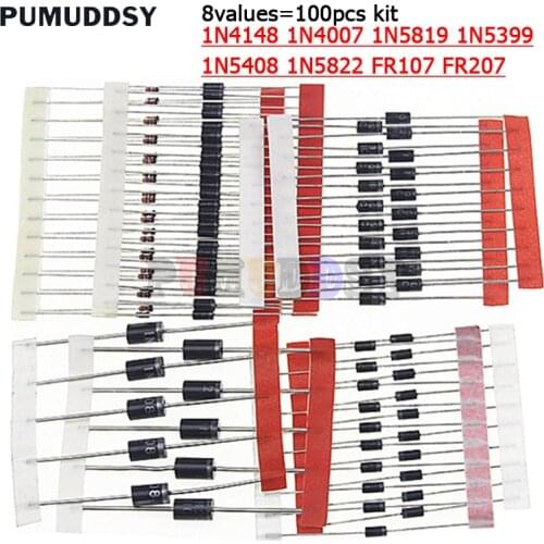 1N4148 1n4007 1N5819 1N5399 1N5408 1N5822 FR107 FR207,8Values=100pcs,electronic Components Package,diode Assorted Kit