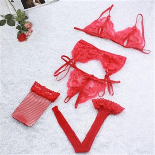 4pcs Sexy Lingerie Set Red Lace Push Up Bra Set Women Embroidery Underwear Bandage Spaghetti Straps Open Bra And Panty Set