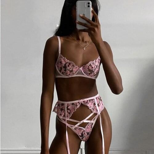 3Pcs Women Lingerie Set Sheer Mesh Flower Embroidery Push Up Bras + Briefs Ladies Sexy Exotic Sets for Valentines Day 2021