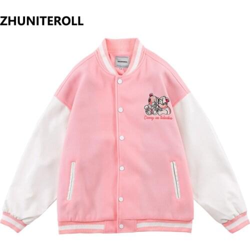 2021 Harajuku Patchwork Jacket Men Embroidery Bear Bomber Jackets Fashion Baseball Coats Streetwear Windbreaker College Tops
