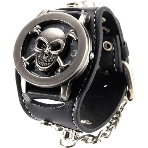 Men Punk Style Quartz Wrist Watch with Flip Skull Cover Chain Rivet Strap Cool Watches LL@17