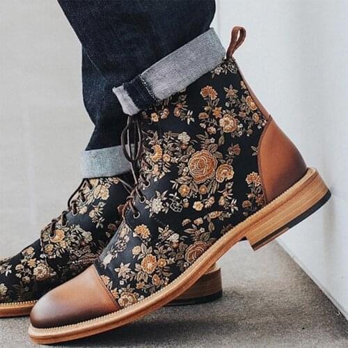 Men Boots Fashion Round Toe Botas Lace Up Pu Leather Shoes Zapatos De Hombre Winter Mens Booties Floral Print Ankle Boots 38-48