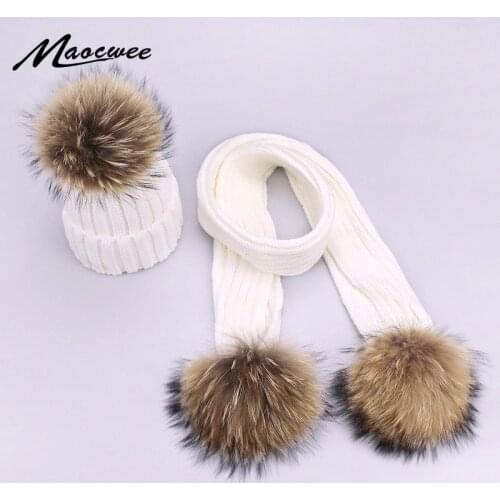 Soild Color White Black Hat Cap For Women Children Scarf Hat Set With Fur Pompon Winter Children Adult Real Fur Pom Pom Caps New
