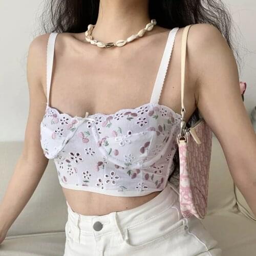 French Cherry Embroidery Hollow Out Sexy Suspender Vest Short with Top