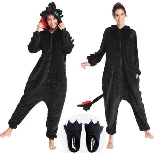 Toothless Dragon Kigurumis Unicorn Black Onesie Adult Unisex Flannel Pajama Anime Train Your Night Fury Sleepwear Home Zipper