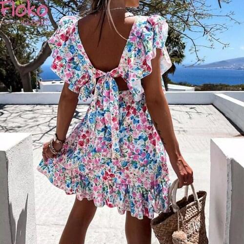 Flokocloset Butterfly Sleeve Floral Print Dress Women Ruffle Square Collar Back Lace-up Sundress Boho A Line Beach Party Dress