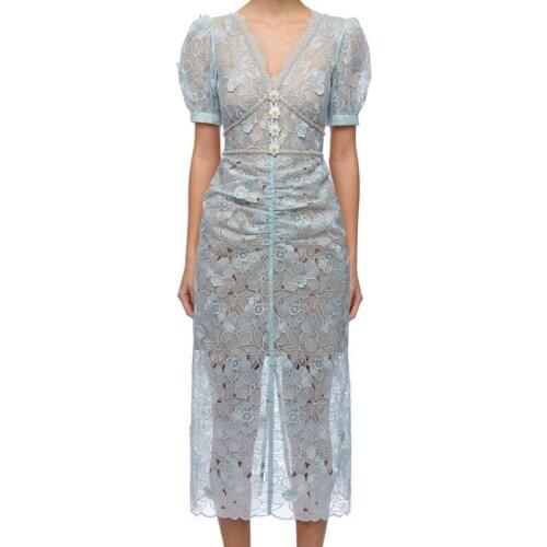 ZAWFL Runway High Quality Self Portrait Dress Women Sexy V-neck Short Sleeve Long Dresses Chic Lace Patchwork Summer Dress