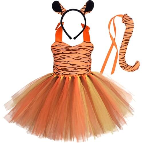 Girls Tiger Tutu Dress Kids Cosplay Cow Costume Outfits Halloween Costume Birthday Party Dress up Ears Headband Tail Set