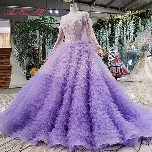 AnXin SH Luxury princess violet flower lace o neck beading crystal long sleeve lace up purple wedding dress 100% real photo