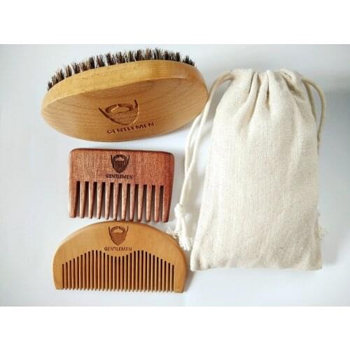Beech Wood Boar Bristle Beard Brush Wide/Fine Tooth Comb For Gentlemen Gift Mustache/Hair Brush Linen Bag Can Engrave Logo