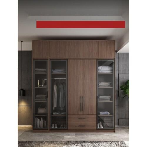 Bedroom with flat glass doors and large wardrobe Nordic simple household walnut color four-door wardrobe