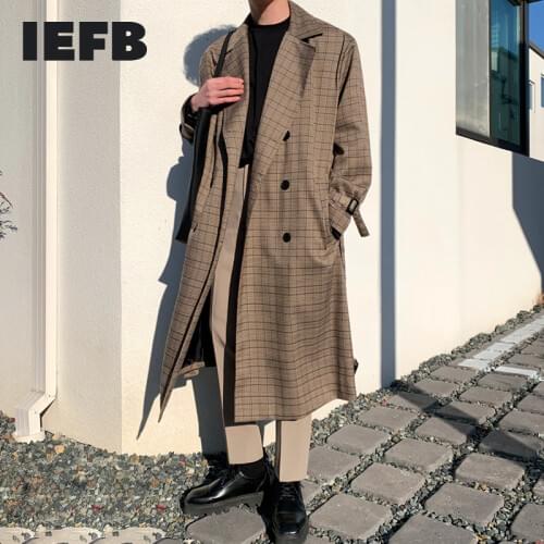 IEFB /mens wear mid-length trench coat plaid print Korean handsome oversize Autumn knee-high Windbreaker double breasted 9Y3943