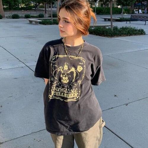 Vintage Letter Print T Shirt Women Summer Short Sleeve Round Neck Black Loose T-shirt Femme Casual Streetwear Oversize Tops 2021