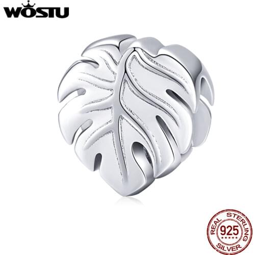 WOSTU 100% 925 Sterling Silver Monstera Deliciosa Beads Plant Charm Fit Original Bracelet Pendant Fashion Wedding Jewelry CTC141