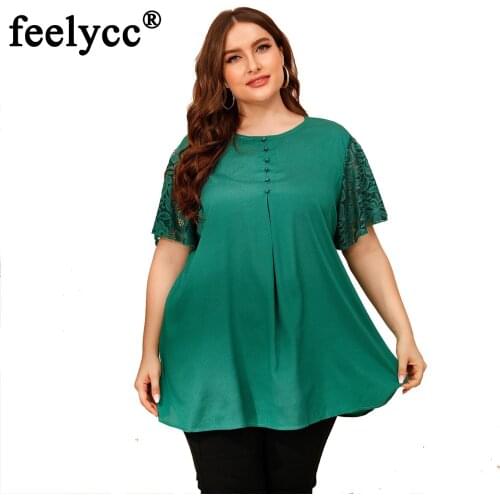 Puls Size Tops Shirt Women Casual O Neck Shirt Ladies Loose Floral Tunic Shirt Lace Short Sleeve T-shirt Top