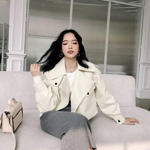 Spring Autumn Loose Design Turn-Down Collar MotoBike Pu Leather Jacket Women Long Sleeve Turn-Down Collar