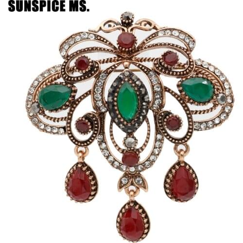 Vintage Turkish Women Hollow Flower Resin Brooch Pins Antique Gold Color Water Drop Pendant Brooches Indian Ethnic Party Jewelry