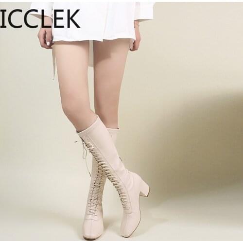 Women Cross Tied Knee High Boots Winter Newest Sexy Long Boots Night Club Shoes Woman Genuine Leather Warm Flock Boots