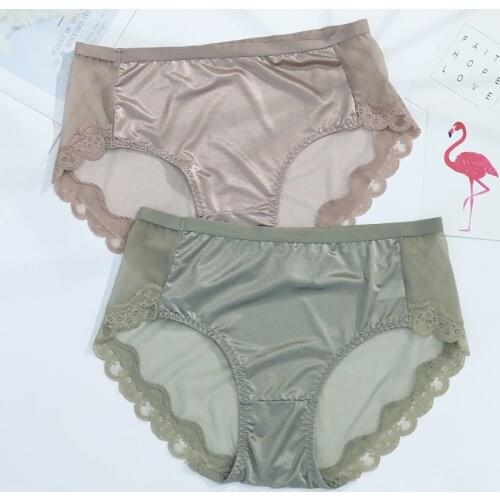 Womens Mesh Briefs Large Size Sexy Lace Thin Transparent Soft Satin Panties Female Underwear Traceless Plus Size Panties Women