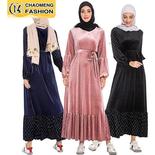Middle East Winter Fall Velvet Long Sleeve Women Muslim Fashion Maxi Turkey Dress Ramadan kaftan Dubai Abaya Islamic Clothing