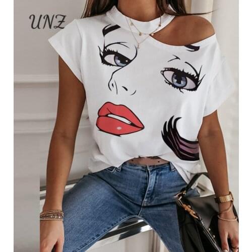 Summer Lady Plus Size Tops Sexy Off Shoulder Tshirt Print Casual Short Sleeve O-Neck Pullovers Shirt Women Street Tee Streetwear