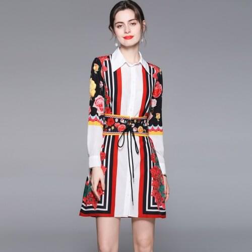 Runway Designer Summer Loose Elegant Dress Women Long Sleeve Sashes Floral print Vintage Shirt Style Mini Dress k8662