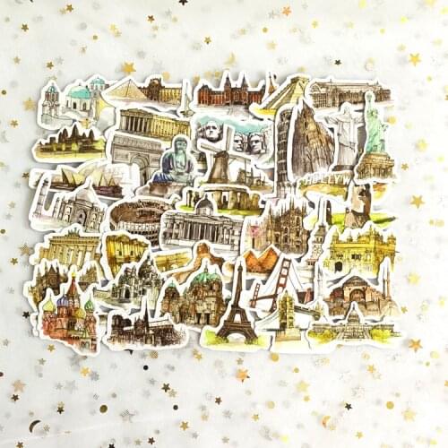 42pcs Travel Around The World Watercolor Hand-Painted Building Decorative Stickers Adhesive Stickers Decoration Diary Stickers