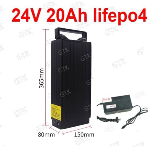 GTK 24V 20AH Lifepo4 battery 24V Silver Fish rechargeable bateria + BMS for 24V 250W 400W bicycle scooter ebike Moped + charger