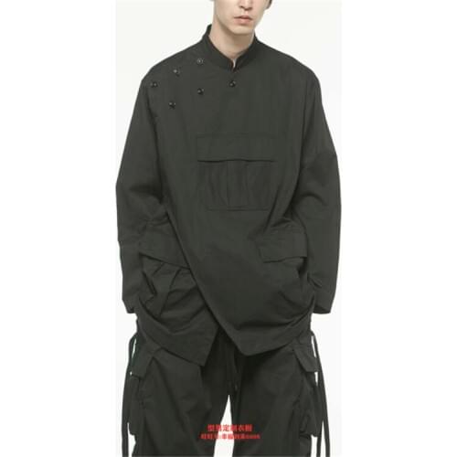 S-6XL!2020 new European and American medium long asymmetrical stand-up tops personalized shirts trend loose long sleeve shirts