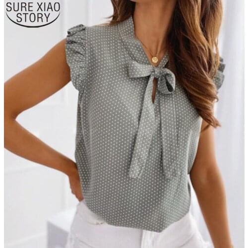 Summer Bow Lace Up Polka Dot Blouses 2021 New Short Sleeve Women Blouse Female Ruffle Pullover Vintage Blusa Sexy Tops 13327