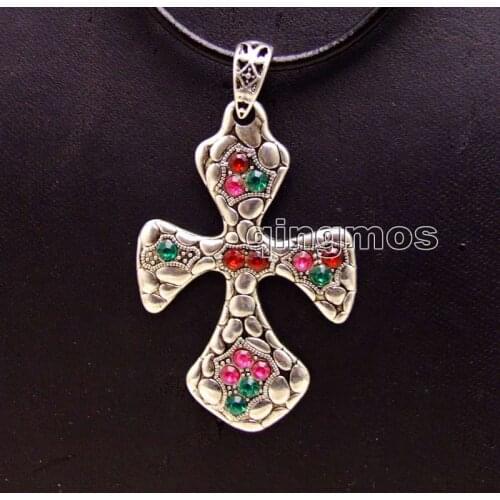 Big 40*70mm Red Cross With Multicolor crystal Pendant 17-19'' Leather necklace -nec6153 wholesale/retail Free ship