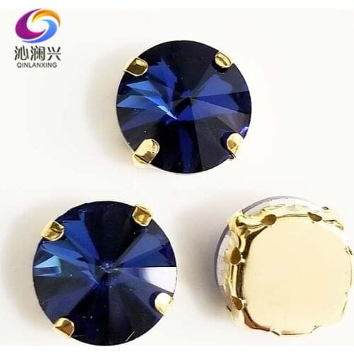 Ink blue round shape golden bottom AAA Glass Crystal sew on claw rhinestones with holes,Diy Clothing accessories SWRG20