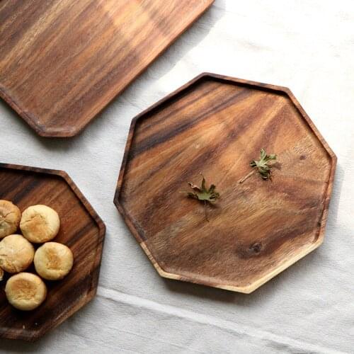 Acacia Wooden Trays Set of 2 Octagon Square Serving Bread Plates for Fruit Salad Platter Vegetable Food Dish Picnic or Bed Tray