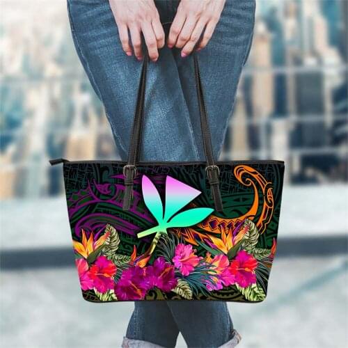 FORUDESIGNS Vintage Women Luxury Leather Shoulder Bag Hawaii Hibiscus Flower With Polynesian Printing Lady Party Top-handle Bag