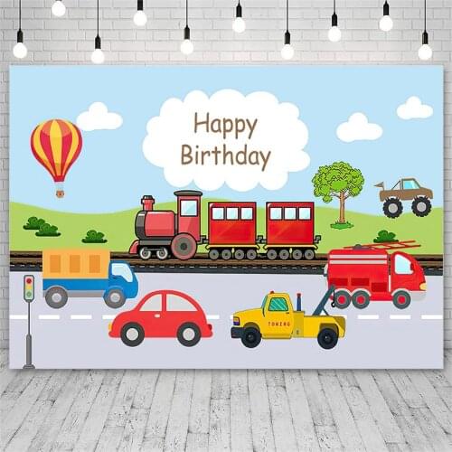 Avezano Happy Birthday Photography Backdrop Transportation Train Car Fire Truck Boy Background Photo Studio Photozone Photophone