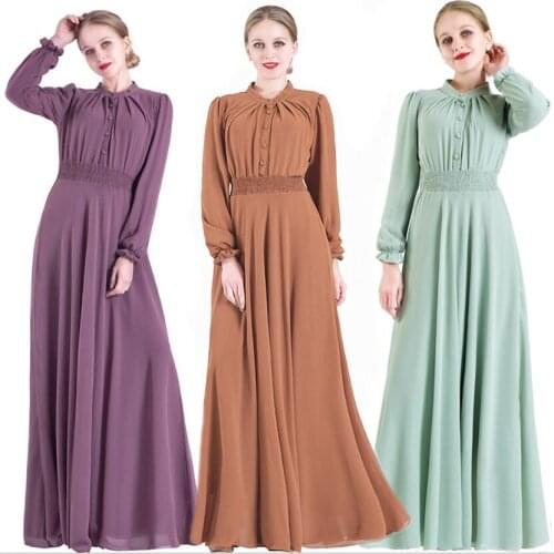 Hijab Arabic Long Sleeve Chiffon Muslim Dress Abaya Dubai Caftan Elbise Tesettur Abendkleid Womens Galabiyat Suknia Islam 2020