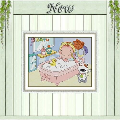 I love bathing cartoon girl decor paintings counted printed on canvas DMC 14CT 11CT Cross Stitch Needlework Sets Embroidery kits